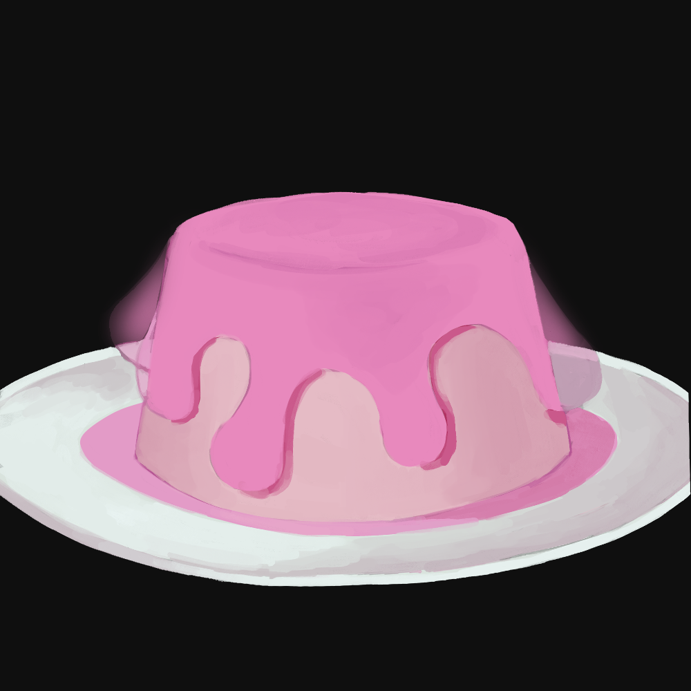 A pink pudding sitting on a white plate, behind a black backgorund.